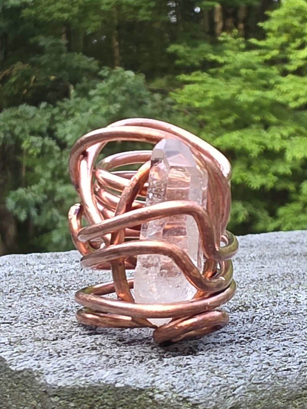 Handcrafted Copper Wire Wrapped Ring with Clear Quartz Crystal